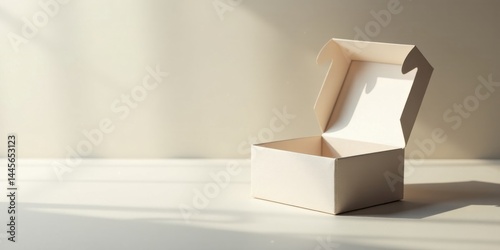 A partly open minimalist off-white cardboard box sits on a neutral surface, bathed in soft sunlight