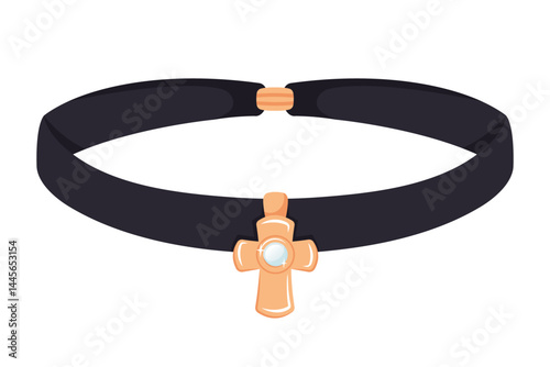 Elegant black choker with golden cross pendant and pearl. Jewelry icon. Vintage jewel accessories isolated. Luxury stone. Stylish fashion bijouterie for women. Minimalist gothic jewellery. Vector