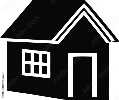 This isolated vector icon represents a simple black house, a symbol of home and residential property design