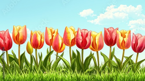 Bright colorful tulips blooming in a lush green meadow under a clear blue sky with fluffy white clouds du sptime daytime, captu vibrant floral beauty