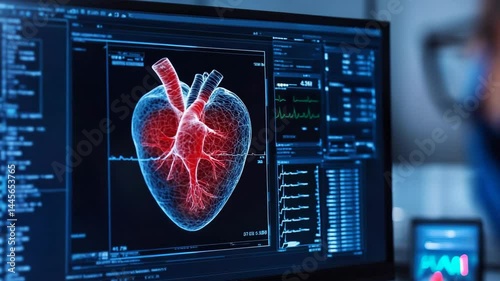 A medical professional examines a 3D digital scan of a human heart with detailed arteries on a computer screen.