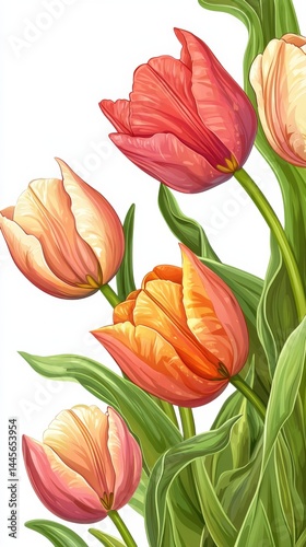 Vibrant colorful tulips flowers in shades of orange pink and yellow with lush green leaves, detailed botanical illustration for floral design and decoration