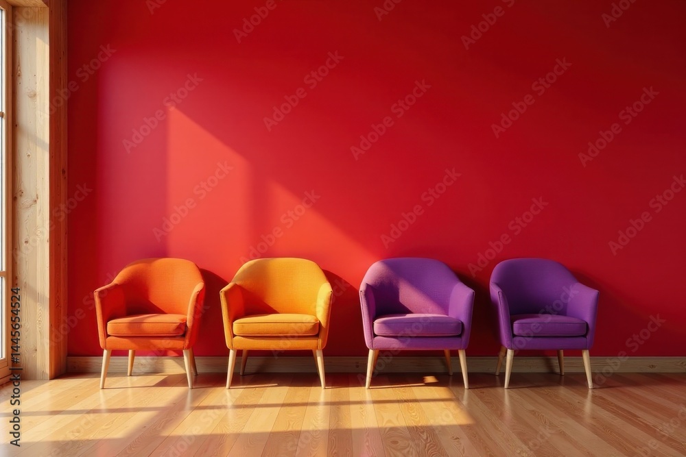 Obraz premium Vibrant colored armchairs arranged against a bold red wall, bathed in warm sunlight on a light wood floor.