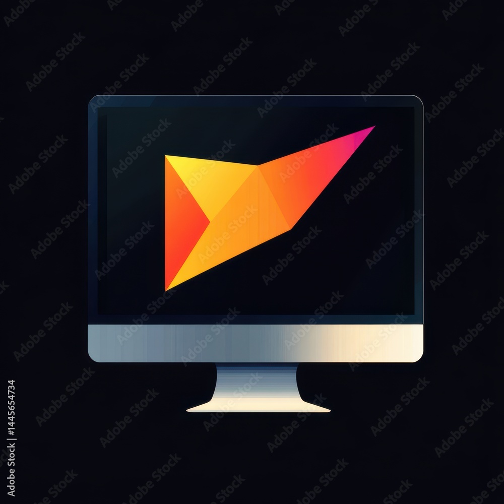 Desktop monitor with orange and yellow geometric shape on dark background, modern vector icon for technology. Desktop monitor with orange and yellow geometric shape on dark background, modern vector icon for technology.