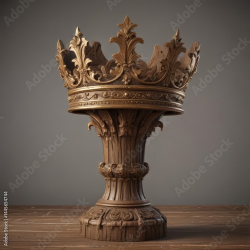Ornate golden crown on aged, carved wooden pedestal , rich, crown