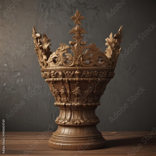 Ornate golden crown on aged, carved wooden pedestal , treasure, opulent