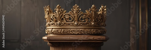 Ornate golden crown on aged wooden pedestal  Intricate details , golden crown, rich, antique