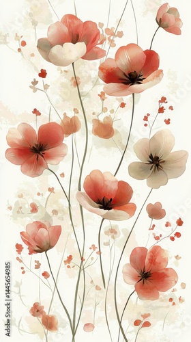 Elegant floral design with soft pastel poppies and delicate leaves arranged vertically for decoration, art, or greeting card inspiration