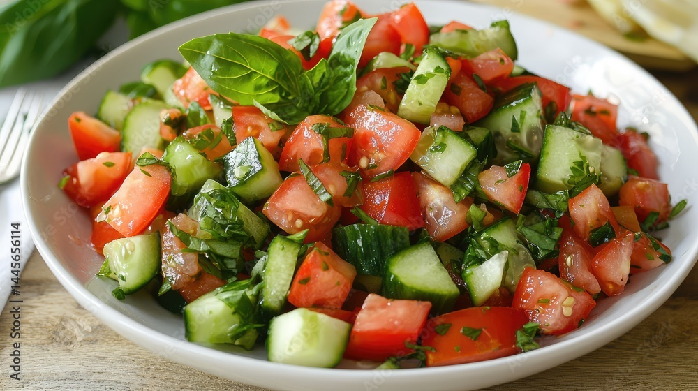 A refreshing salad made with crisp cucumbers, juicy tomatoes, and fragrant basil, perfect for a summer meal. A refreshing salad made with crisp cucumbers, juicy tomatoes, and fragrant basil, perfect for a summer meal.