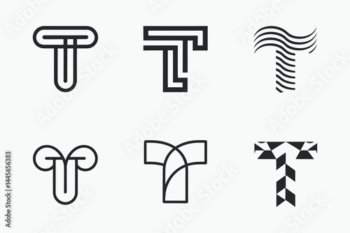 Collection of modern minimalist initial letter T logos on solid white background