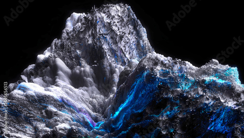 3d render of abstract art with surreal mineral geology stone object ocean coral reef or asteroid or winter ice cold mountain rock stone object on a black background with neon fluorescent glow elements
