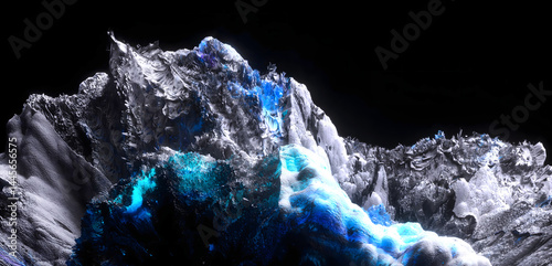 3d render of abstract art with surreal mineral geology stone object ocean coral reef or asteroid or winter ice cold mountain rock stone object on a black background with neon fluorescent glow elements
