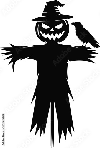 Scarecrow with Crow Halloween Silhouette Vector Graphic.