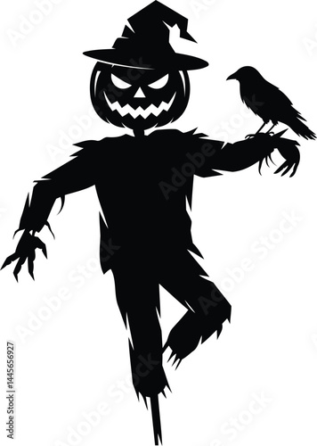 Scarecrow with Crow Halloween Silhouette Vector.