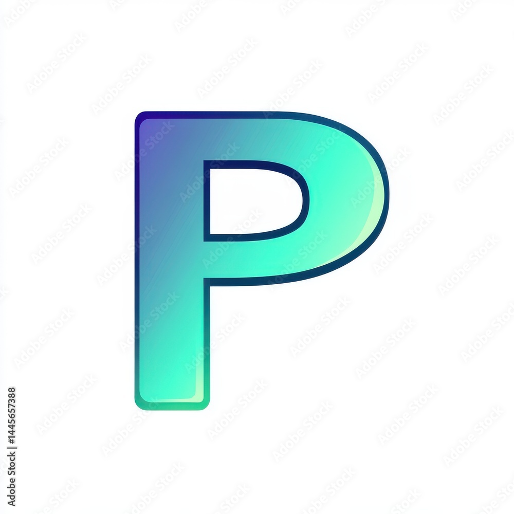 Glossy letter P in turquoise gradient, simple rounded font, minimal style on white background. Glossy letter P in turquoise gradient, simple rounded font, minimal style on white background.