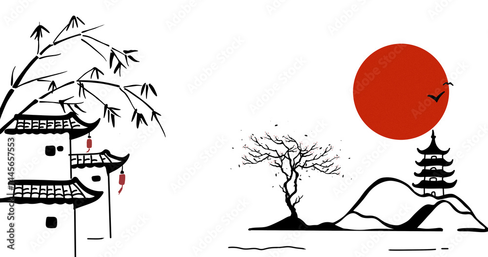 Naklejka premium A serene minimalist artwork featuring a temple, bamboo, mountains, and a red sun. On white transparent background 