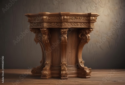 Ornate wooden pedestal supporting a golden crown; rich texture, ancient design,  rich,  pedestal,  classic