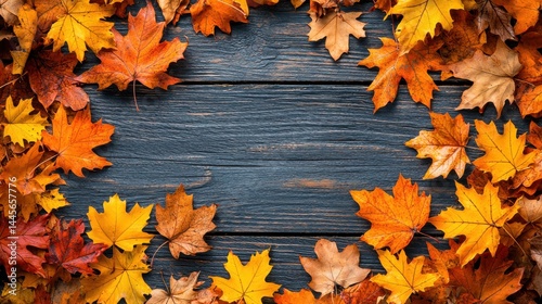 Autumn Maple Leaves Frame Borders on Rustic Dark Wooden Surface with Rich Fall Colors Background for Seasonal Design Themes