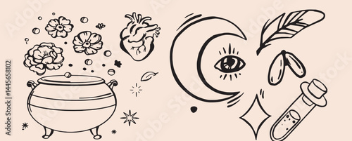 Hand-drawn vintage mystical and magic symbols illustration