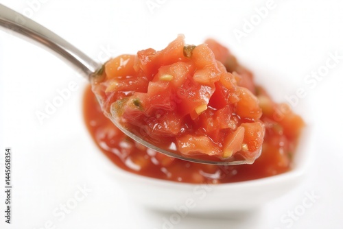 Spoonful of fresh tomato salsa on white background, chunky vegetable condiment
