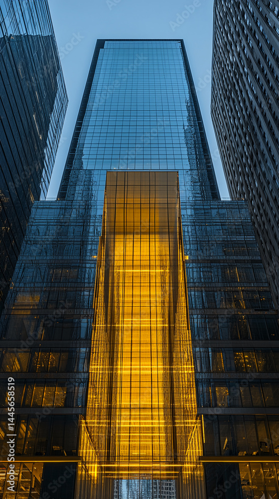 Naklejka premium Glass skyscraper at dusk, reflecting city lights, showcasing a striking contrast between blue and gold hues, symbolizing modern architecture and urban dynamism