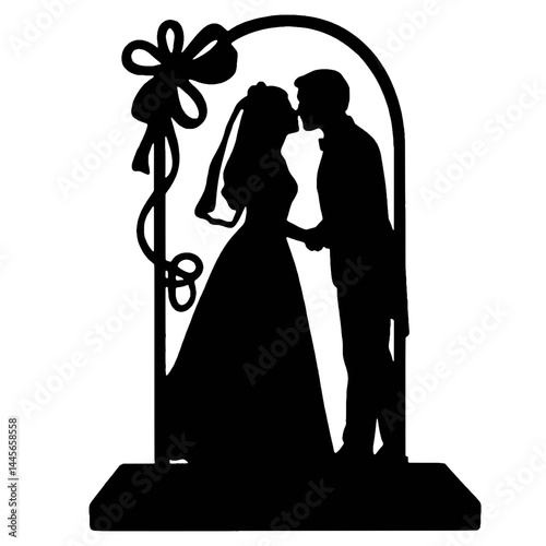 Black silhouette of a bride and groom kissing under an arch decorated with a bow. Wedding illustration.