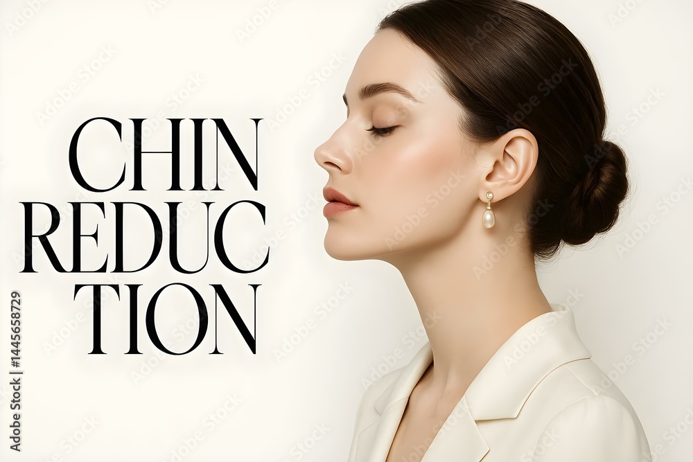 A woman in profile wearing a cream blazer and pearl earrings, with the text CHIN REDUCTION beside her. Concept Profile View of Woman, Cream Blazer Fashion, Elegant Pearl Earrings