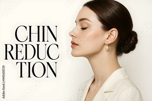 Obraz na płótnie A woman in profile wearing a cream blazer and pearl earrings, with the text CHIN REDUCTION beside her. Concept Profile View of Woman, Cream Blazer Fashion, Elegant Pearl Earrings w salonie