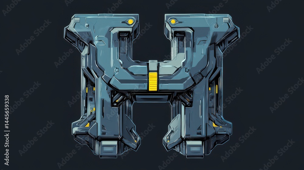 Fototapeta premium Letter H in metallic armor style with bolts and yellow accents, futuristic mechanical look on dark background.