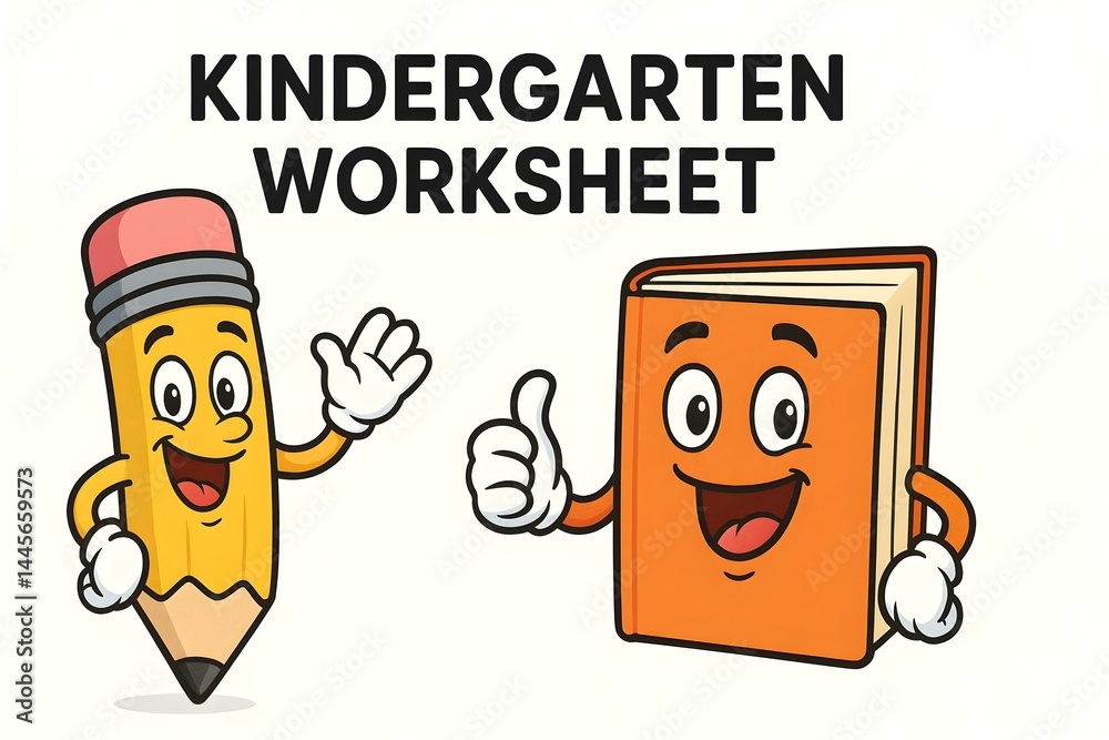 A cheerful illustration for a kindergarten worksheet featuring a smiling pencil and book with playful expressions. Concept Cheerful Characters, Kindergarten Worksheet, Smiling Pencil, Playful Book