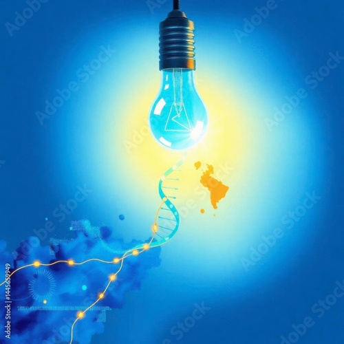 Illuminated DNA: A Glowing Lightbulb and Genetic Code in a Vibrant Blue Artistic Style