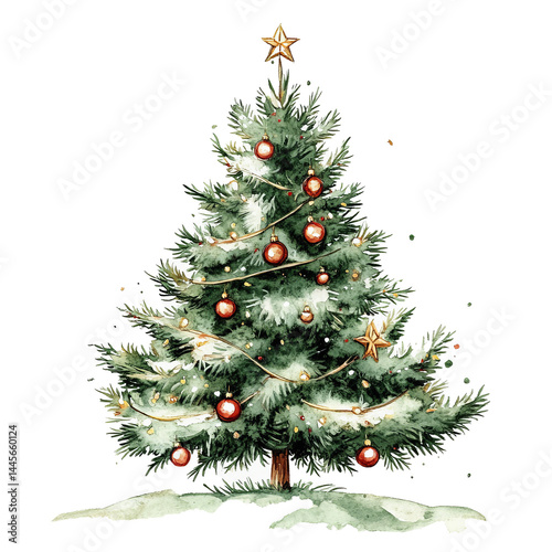 Decorated Christmas tree with red baubles and golden garlands in watercolor style on transparent background, symbolizing festive winter celebration