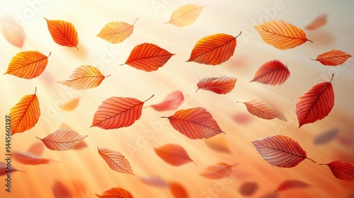 Vibrant autumn leaves falling in warm sunlight creating a colorful and dynamic natural scene with detailed textures and soft blurred background