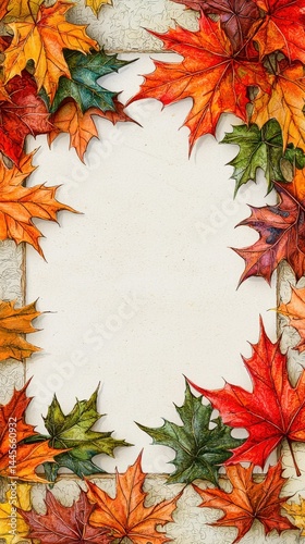 Vibrant autumn maple leaves in shades of red orange yellow and green arranged around a blank white space on rustic wooden background for seasonal design