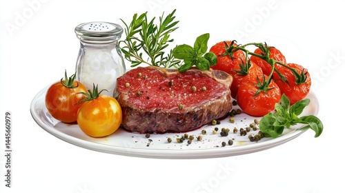 Succulent steak with colorful roasted tomato side, white background