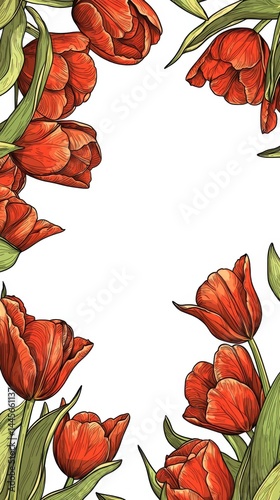 Beautiful vibrant red tulips with green stems and leaves forming a natural decorative border frame, perfect for floral design, nature themes, and sp backgrounds