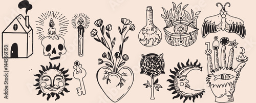 Hand-drawn vintage mystical and magic symbols illustration