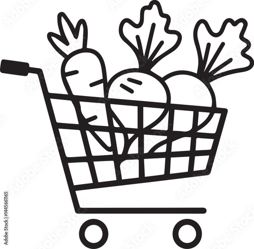 Shopping Cart With Fresh Vegetables, Carrot and Beets, Healthy Food Concept, Black and White Illustration
