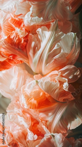 Close-up of soft delicate peach and cream tulip petals with intricate textures and gentle flowing curves, natural floral background, vibrant and soothing colors