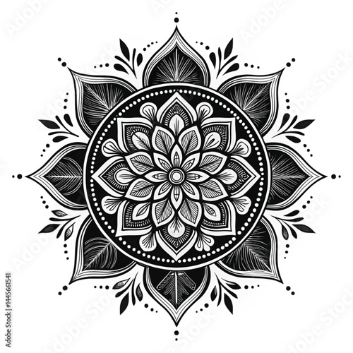 Black Mandala Silhouette Design on White Background – Intricate Geometric Floral Pattern for Tattoo, Decoration, and Spiritual Art