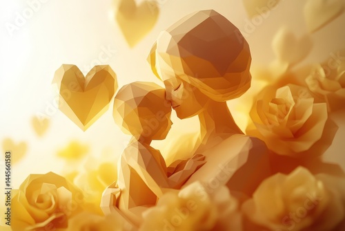 Warm embrace of mother and child, geometric art design.