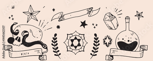 Hand-drawn vintage mystical and magic symbols illustration
