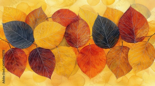 Collection of autumn leaves in vibrant warm colors including yellow orange red and dark green with detailed leaf veins and natural organic arrangement for seasonal decoration