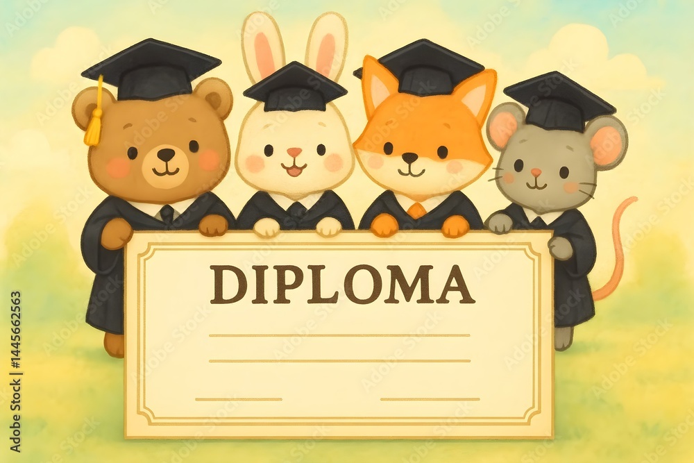Four animated animals in graduation caps holding a diploma sign, celebrating their graduation together. Concept Graduation Celebration, Animated Animal Friends, Colorful Caps and Diplomas