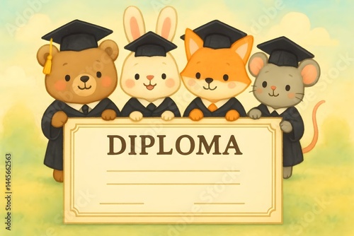 Obraz na płótnie Four animated animals in graduation caps holding a diploma sign, celebrating their graduation together. Concept Graduation Celebration, Animated Animal Friends, Colorful Caps and Diplomas w salonie
