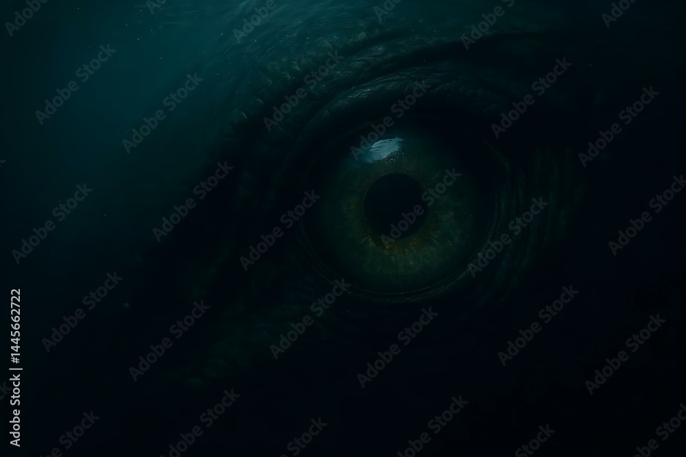 A large, close-up eye submerged in dark water, suggesting a mysterious or aquatic creature. Concept Close-Up Eye, Mysterious Creature, Dark Water Setting, Aquatic Theme, Intriguing Imagery