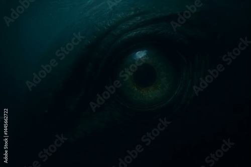 A large, close-up eye submerged in dark water, suggesting a mysterious or aquatic creature. Concept Close-Up Eye, Mysterious Creature, Dark Water Setting, Aquatic Theme, Intriguing Imagery