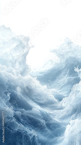 Dynamic ocean waves crashing and swirling in turbulent water with foamy white surf and spray under a bright sky creating a powerful seascape scene