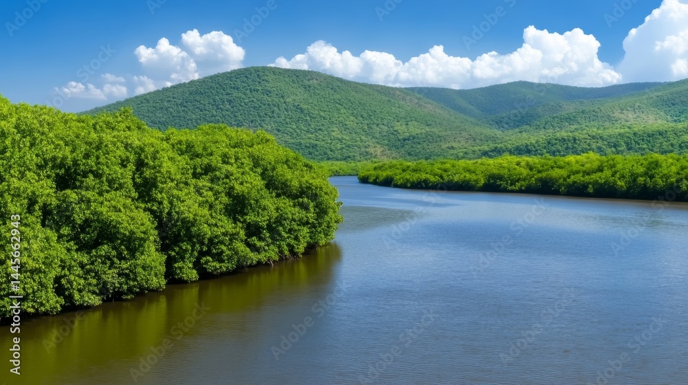 Winding River through Lush Green Valley, tranquil waters reflecting the sky, vibrant landscape inviting exploration and serenity Winding River through Lush Green Valley, tranquil waters reflecting the sky, vibrant landscape inviting exploration and serenity