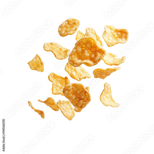 Crispy, golden snacks scattered against a clean white background, creating a playful and appetizing display.